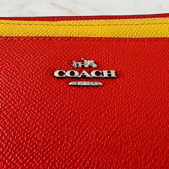 COACH Orange Yellow Color Block Leather Pop Pouch Clutch Wristlet - Picture 2 of 9